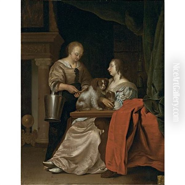 An Interior With A Maid, A Lady And Her Two Dogs Oil Painting by Frans van Mieris the Elder