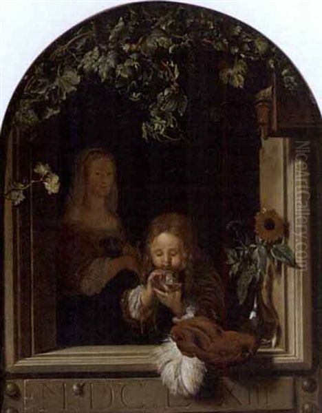 A Boy Blowing Bubbles In A Window, Behind Him A Woman With A Dog Oil Painting by Frans van Mieris the Elder