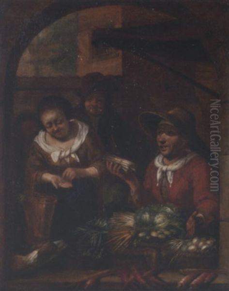 An Elderly Woman Selling Vegetables To A Peasant Woman Oil Painting by Frans van Mieris the Elder