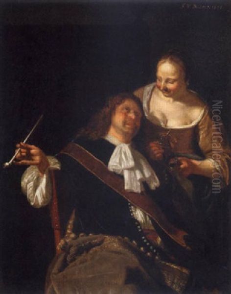 A Cavalier And A Lady In An Interior Oil Painting by Frans van Mieris the Elder