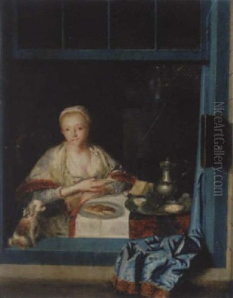 Am Offenen Fenster Sitzende Junge Frau Mit Hundchen Oil Painting by Frans van Mieris the Elder