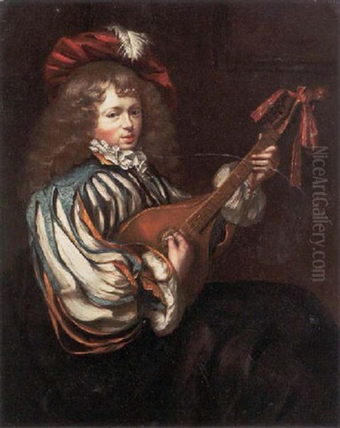 A Young Boy In A Feathered Red Cap Playing The Mandolin Oil Painting by Frans van Mieris the Elder