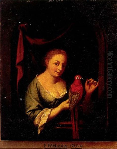 A Woman With A Parrot At A Windowsill Oil Painting by Frans van Mieris the Elder