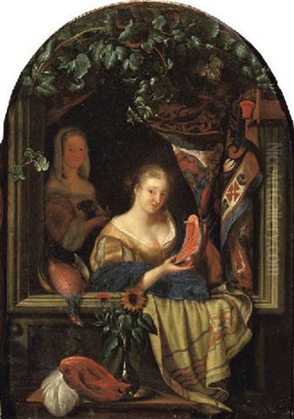 A Woman At A Feigned Stone Window Holding A Salmon Steak Oil Painting by Frans van Mieris the Elder