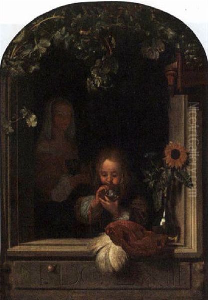 A Boy Blowing Bubbles In A Window With A Maid Standing Behind Oil Painting by Frans van Mieris the Elder