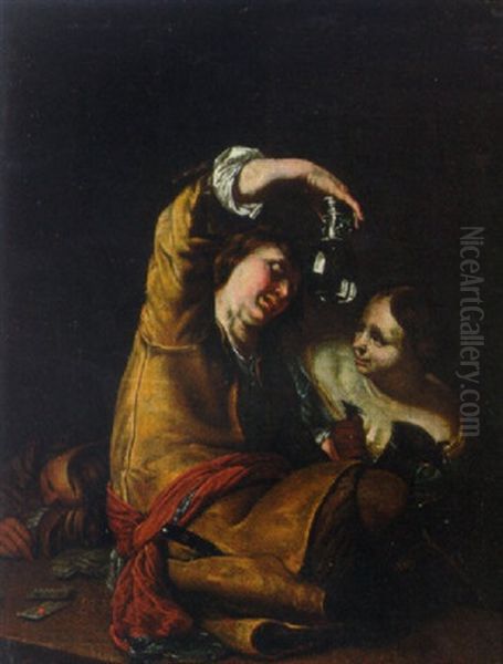 A Guard Holding An Upturned Roemer With A Serving Wench In A Tavern Oil Painting by Frans van Mieris the Elder