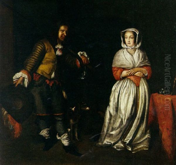 An Interior Scene With A Gentleman In Hunting Clothes Wooing A Lady Oil Painting by Frans van Mieris the Elder