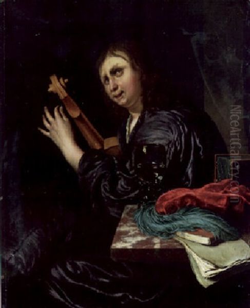 A Man Tuning A Violin In An Interior With A Roemer, A Hat And Books On A Table Beside Him Oil Painting by Frans van Mieris the Elder