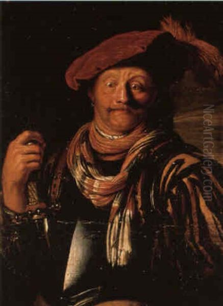 A Soldier Wearing A Plumed Cap And A Gorget, Holding A Sword Oil Painting by Frans van Mieris the Elder