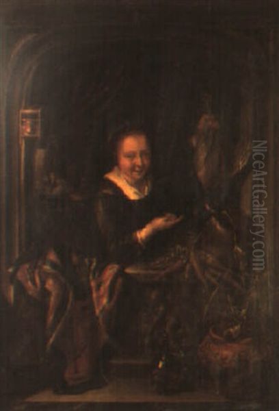 A Woman Standing At A Window Holding Dead Game Oil Painting by Frans van Mieris the Elder