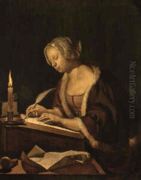 A Woman Writing A Letter By Candlelight Oil Painting by Frans van Mieris the Elder