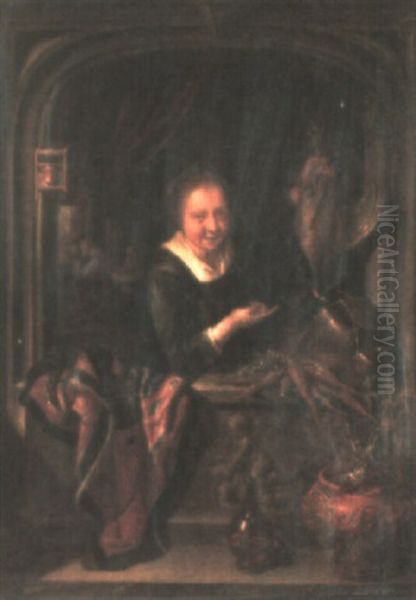 A Woman Standing At A Window Holding Dead Game Oil Painting by Frans van Mieris the Elder