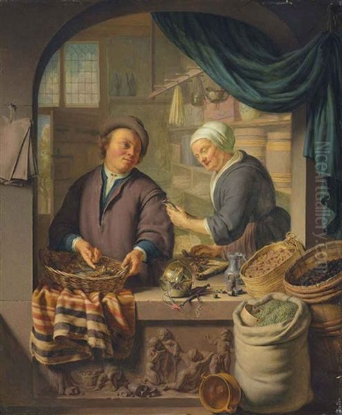 A Man And A Woman In A Grocer's Shop, With Fish In A Woven Basket And Scales On A Stone Ledge Sculpted With Putti, With A Basket Of Walnuts... Oil Painting by Frans van Mieris the Younger