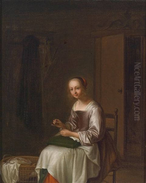 Interieur Mit Einer Jungen Frau Bei Der Naharbeit Oil Painting by Frans van Mieris the Younger