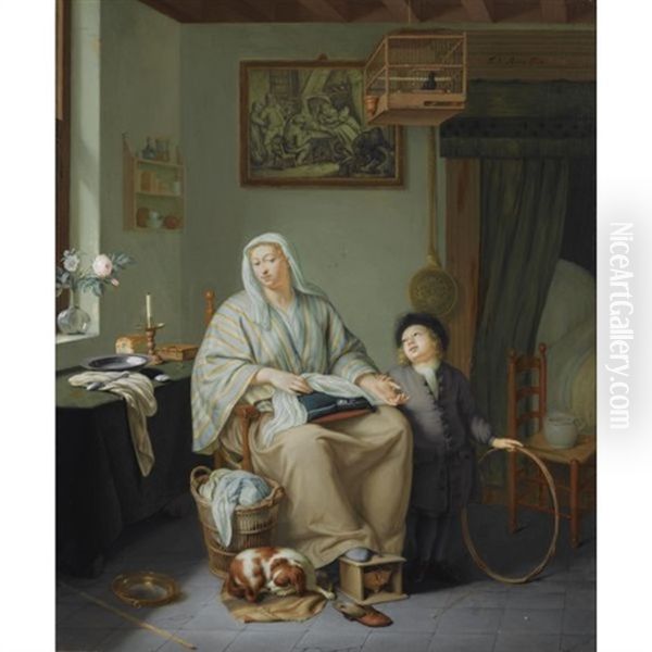 An Interior With A Woman Doing Needlework And A Young Boy With A Hoop Oil Painting by Frans van Mieris the Younger