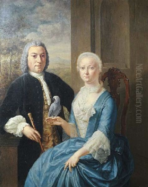 Portrait Of Pieter De La Court On A Balcony And Of His Wife Geertruida Jacoba De Bye, A Landscape Beyond Oil Painting by Frans van Mieris the Younger