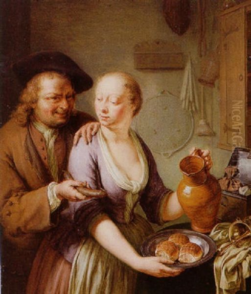 A Man Making Advances To A Maid In A Kitchen Interior Oil Painting by Frans van Mieris the Younger