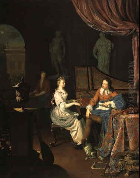 A Woman Playing The Harpsichord With A Man Seated Nearby Oil Painting by Frans van Mieris the Younger