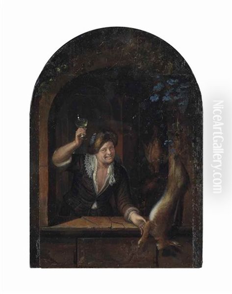 A Man Holding A Roemer Filled With White Wine At A Window, With A Hare And Poultry Oil Painting by Jan Van Mieris