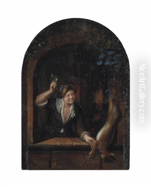 A Man Holding A Roemer Filled With White Wine At A Window, With A Hare And Poultry Oil Painting by Jan Van Mieris