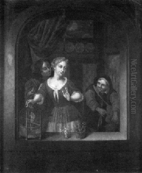 Ein Junger Mann Nahert Sich Einer Dame Am Fenster Oil Painting by Jan Van Mieris