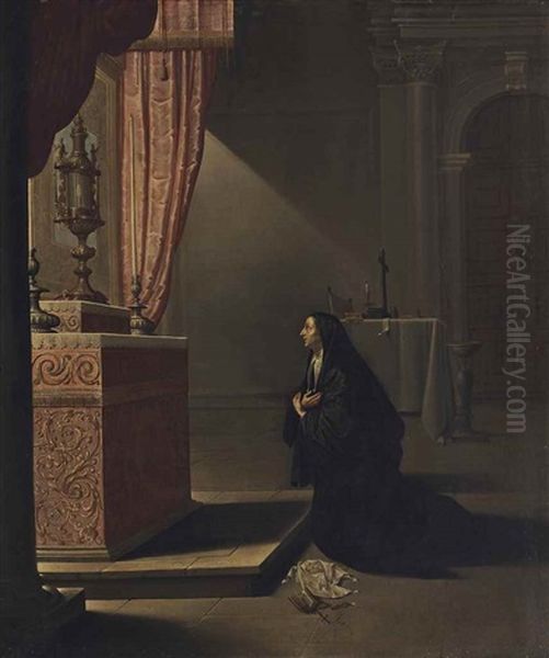 A Nun In A Church Interior Oil Painting by Willem van Mieris