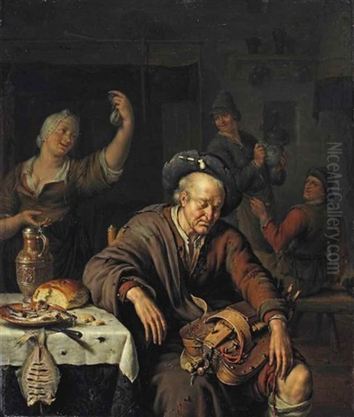 The Sleeping Hurdy-gurdy Player Oil Painting by Willem van Mieris