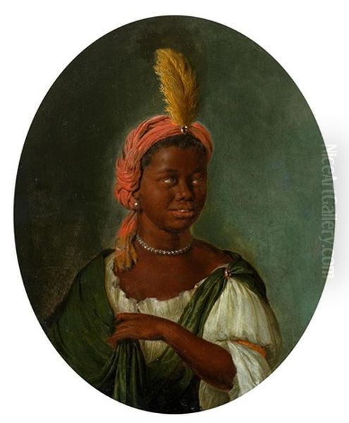 Portrait Of A Young African Woman With Pearl Necklace And Feather Turban Oil Painting by Willem van Mieris