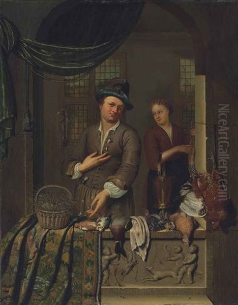 A Poultry Seller And His Wife At A Casement, With Eggs In A Wicker Basket, A Mallard Duck And Other Birds On A Partially Draped Stone Ledge Sculpted With Playing Putti Oil Painting by Willem van Mieris