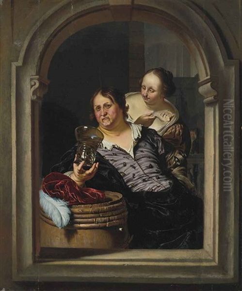 A Man Drinking With A Woman Holding A Fish Oil Painting by Willem van Mieris