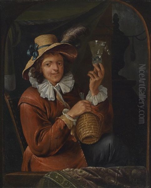 Ein Kavalier Mit Weinglas Am Fenster Beziehungsweise Eine Junge Frau Beim Schalen Einer Zitrone (pair) Oil Painting by Willem van Mieris