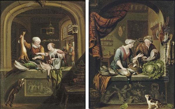 A Poultry Seller In An Arched Window (+ Another; 2 Works) Oil Painting by Willem van Mieris