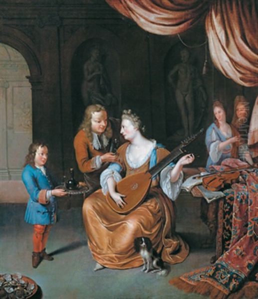 Eine Elegante Junge Frau Mit Ihrem Schoshund Beim Musizieren Erhalt Von Ihrem Verehrer Eine Erfrischung Angeboten Oil Painting by Willem van Mieris