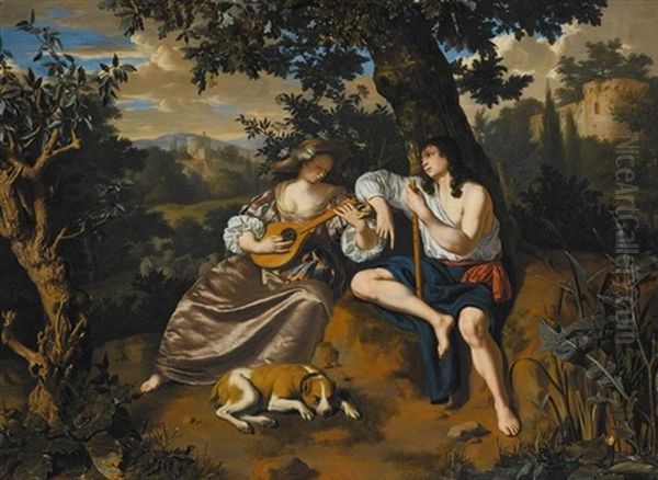 An Arcadian Landscape With A Shepherd Holding A Flute, Listening To A Shepherdess Playing A Cittern, A Dog Lying At Their Feet Oil Painting by Willem van Mieris