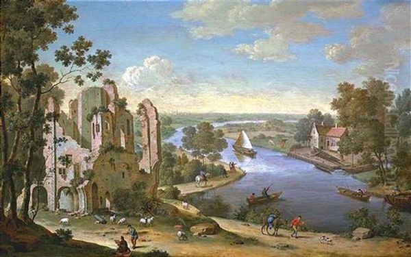 Flusslandschaft Mit Booten Und Einer Ruine Oil Painting by Willem van Mieris