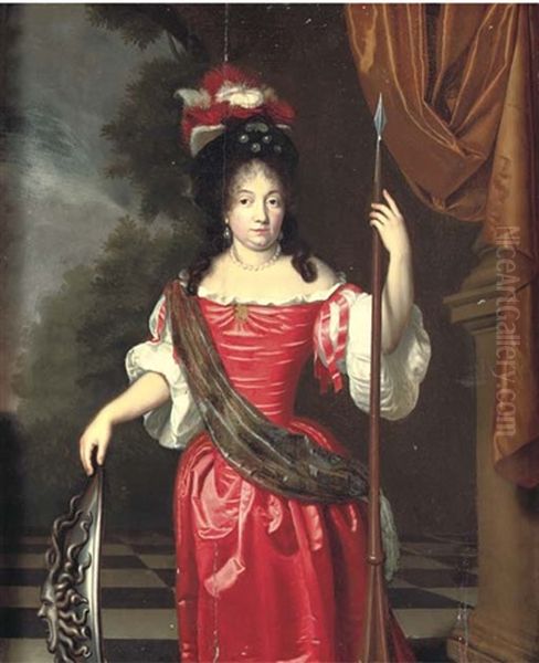 Portrait Of A Lady, Three-quarter-length, As Minerva In A Red Satin Dress Beneath A Canopy, A Landscape Beyond Oil Painting by Willem van Mieris