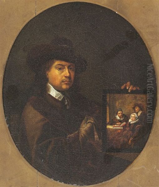 Ein Maler Halt Das Portrat Dreier Personen by Willem van Mieris