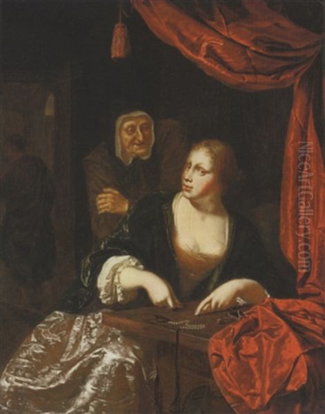 Une Courtisane Comptant De L'argent, Une Entremetteuse A L'arriere-plan Oil Painting by Willem van Mieris