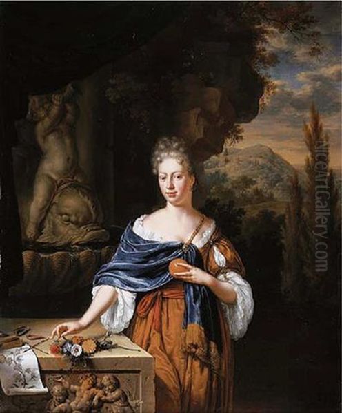 Portrait Of Dina Margareta De Bye Holding An Orange, With Flowers And A Watercolour On A Sculpted Ledge Oil Painting by Willem van Mieris