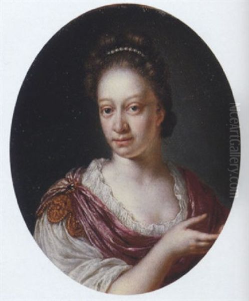 Portrait Of A Lady In A White Gown And A Fuchsia Shawl Held Together With A Gold Clasp Set With A Stone, Pearls In Her Hair Oil Painting by Willem van Mieris