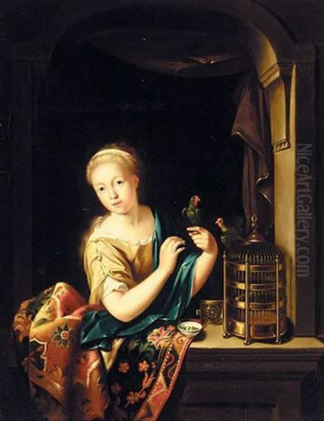 A Young Girl At A Window Holding A Parrot Oil Painting by Willem van Mieris