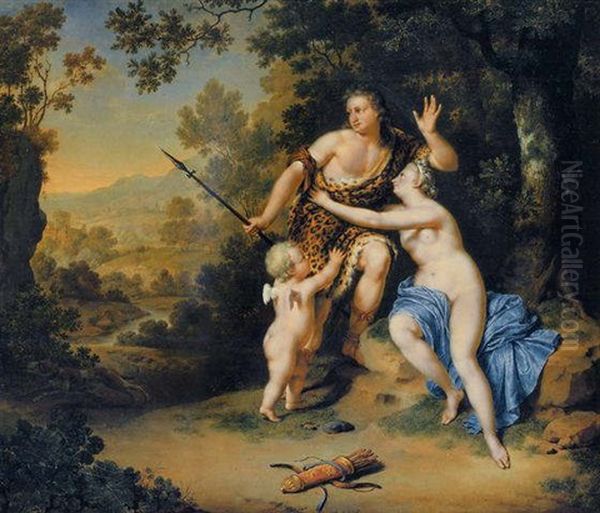 Venus And Adonis With Cupid In An Extensive Landscape Oil Painting by Willem van Mieris