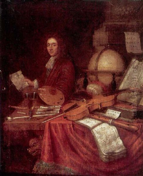 A Self Portrait Of The Artist With A Still Life Of A Globe, Books, Violins And Other Instruments Oil Painting by Willem van Mieris