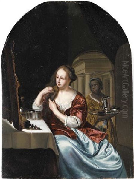 A Woman At Her Toilet With An Attendant Oil Painting by Willem van Mieris