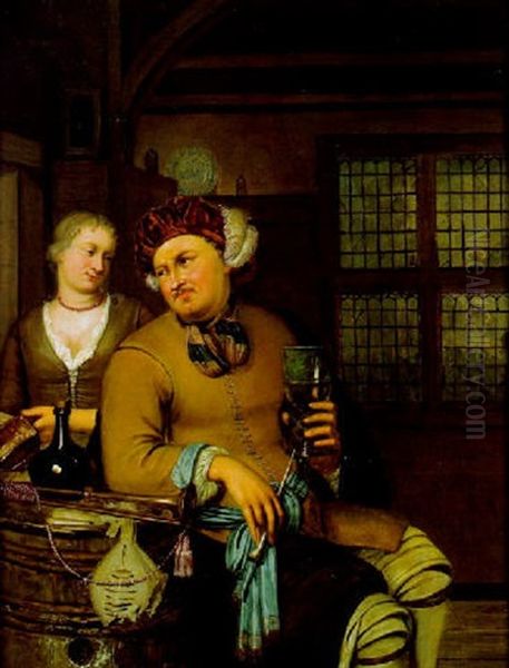 Paar Bei Einem Weinfas In Einem Interieur Oil Painting by Willem van Mieris