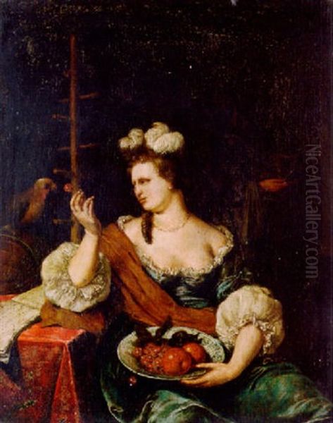 Woman Seated With A Bowl Of Fruit On Her Lap, Feding A Cherry To A Parrot Oil Painting by Willem van Mieris