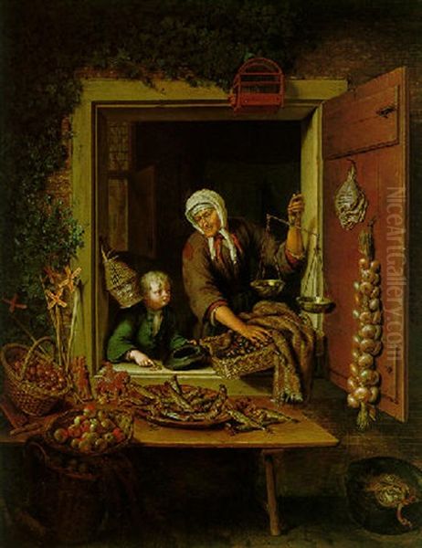 A Boy Buying Chestnusts From An Old Woman At A Shop Window, With Fish, Apples, And Other Vegetables On Plates And In Baskets Oil Painting by Willem van Mieris