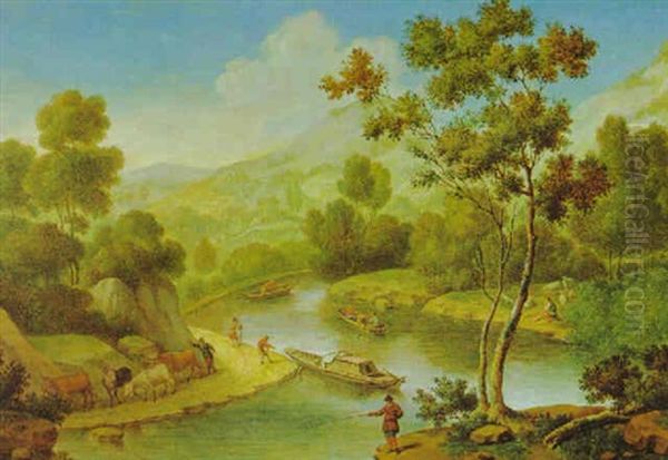 Gebirgige Fluslandschaft Mit Booten Oil Painting by Willem van Mieris