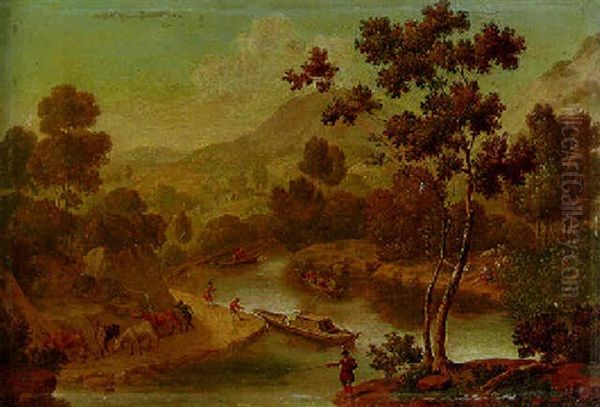 A Hilly River Landscape With Drovers On A Path Oil Painting by Willem van Mieris