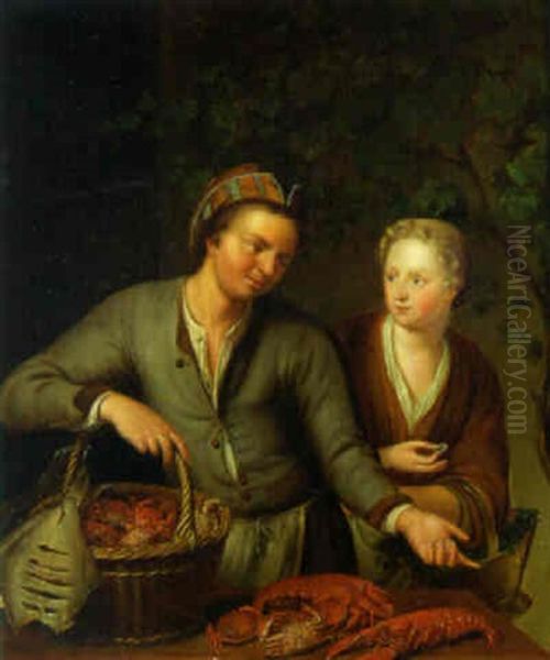 A Woman Buying Lobsters From A Fishmonger Oil Painting by Willem van Mieris